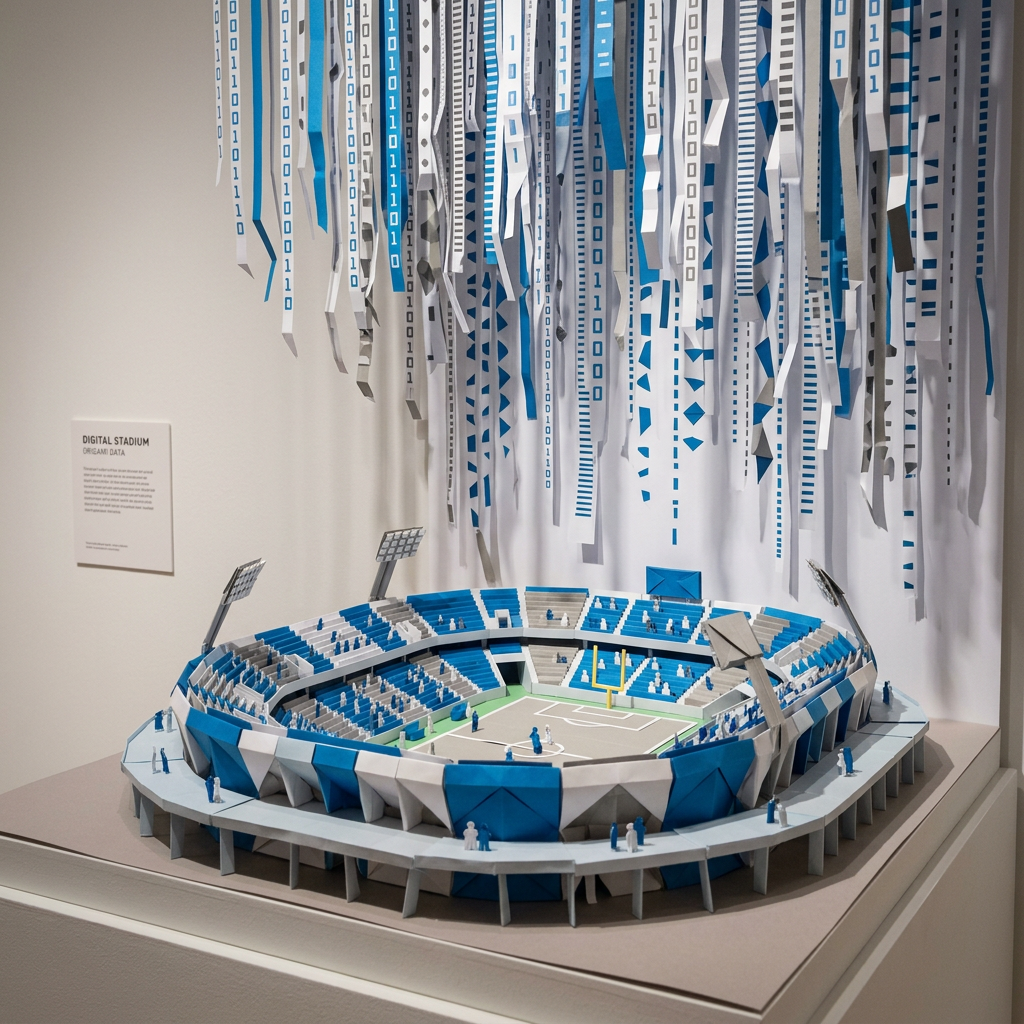 Miniature stadium model beneath hanging blue and white binary data strips