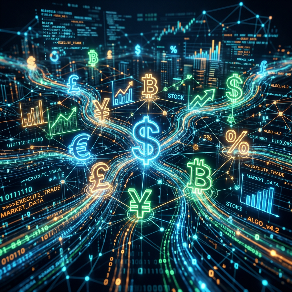 Neon currency symbols and stock charts connected by digital financial data streams