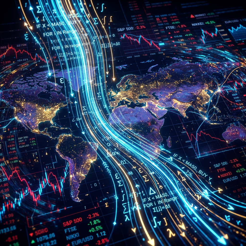 Glowing world map surrounded by stock charts, market figures, and mathematical formulas