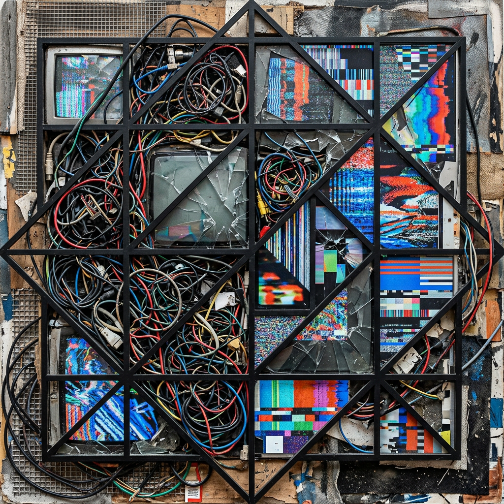 Geometric wall installation of tangled cables and broken screens displaying colorful glitches