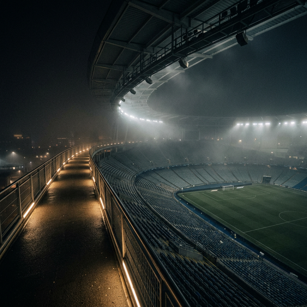 Rainy stadium walkway overlooking empty football pitch and seats