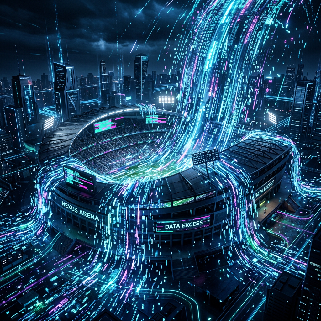 Futuristic stadium surrounded by glowing streams of digital code