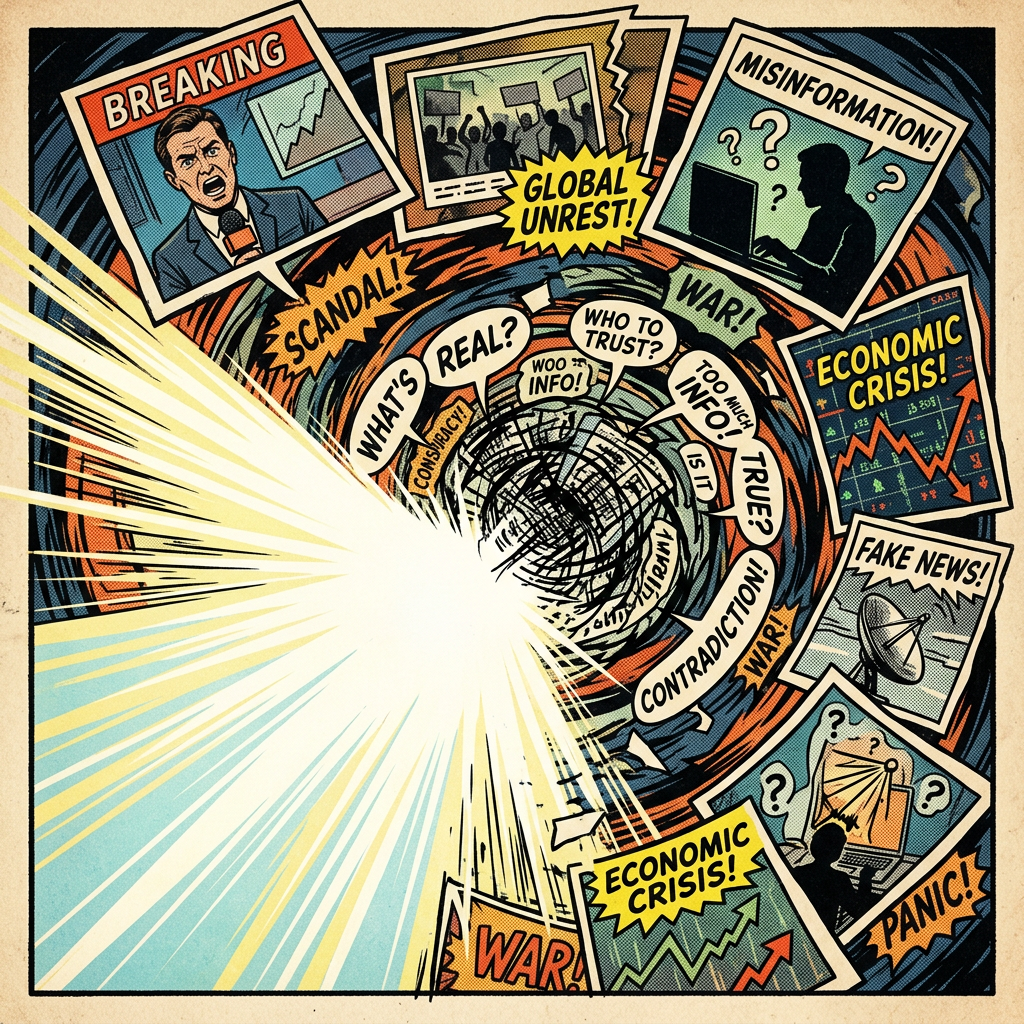 Comic collage reading BREAKING, MISINFORMATION!, GLOBAL UNREST!, SCANDAL!, WAR!, ECONOMIC CRISIS!, FAKE NEWS!, PANIC!, WHAT'S REAL?, WHO TO TRUST?, and CONTRADICTION!