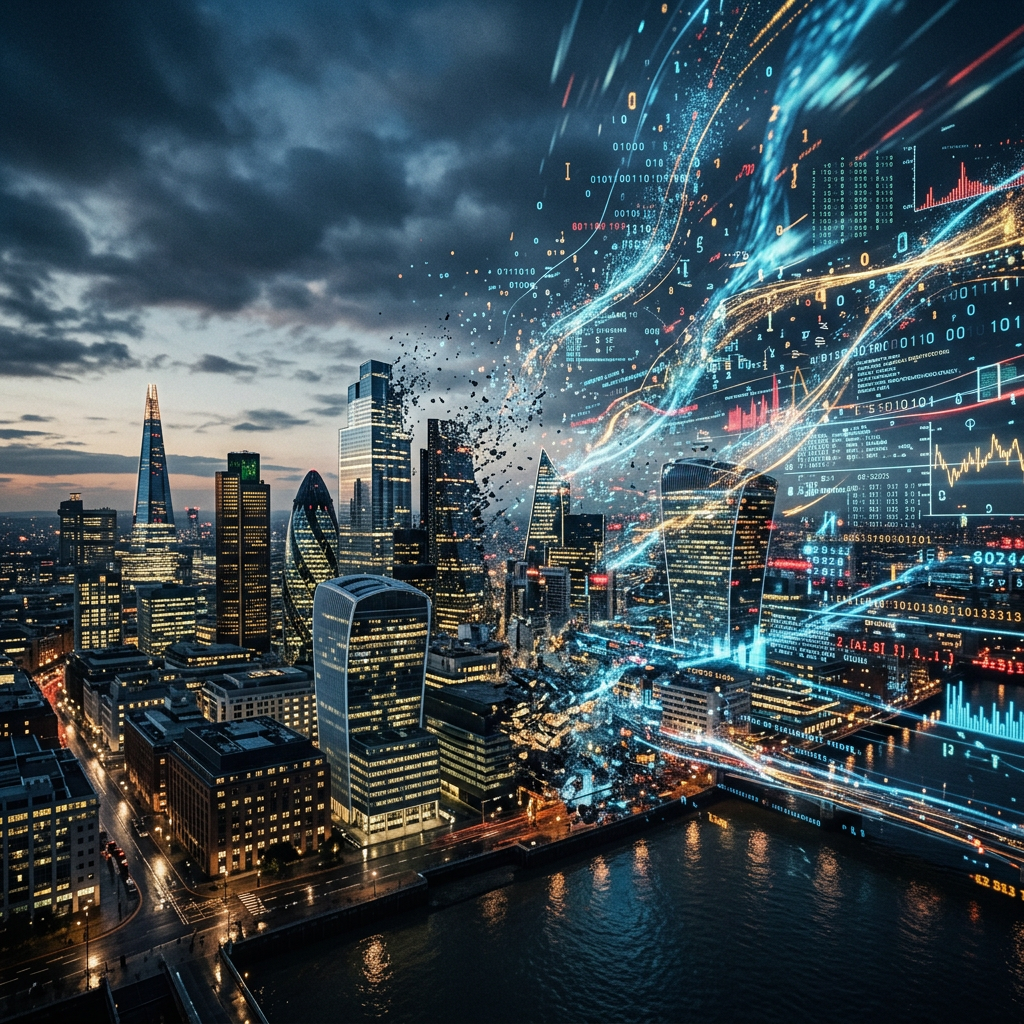 London skyline blended with glowing data streams, code, and financial charts