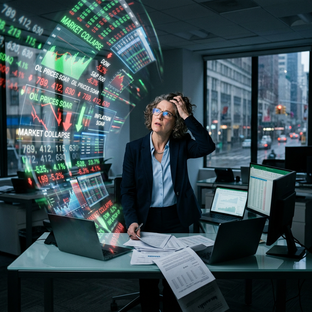 Analyst at desk beside screens reading “MARKET COLLAPSE,” “OIL PRICES SOAR,” and “INFLATION SOAR”