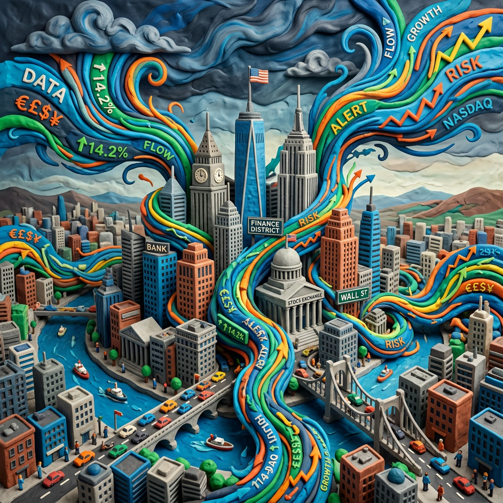 Miniature financial city with colorful arrows labeled Wall St, risk, growth, data, and Nasdaq