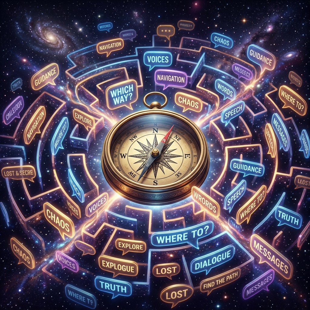Compass surrounded by colorful speech bubbles in a cosmic maze