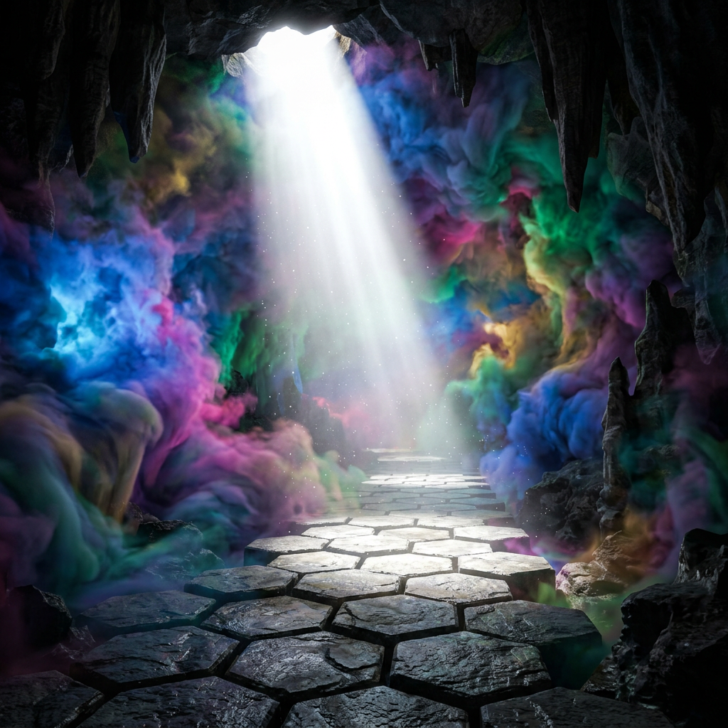 Stone path through a cave with colorful mist and a sunbeam
