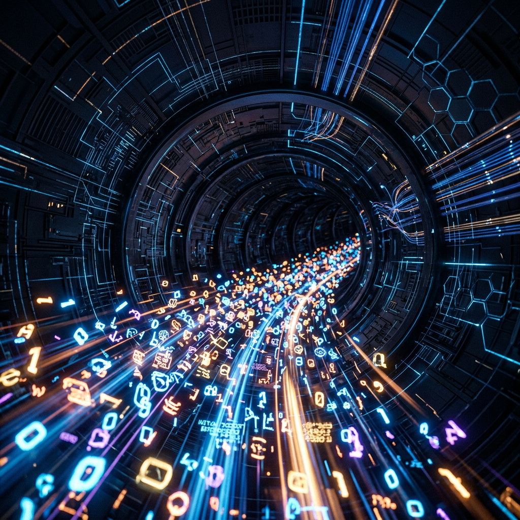 Glowing symbols and colorful data streams flowing through a futuristic tunnel