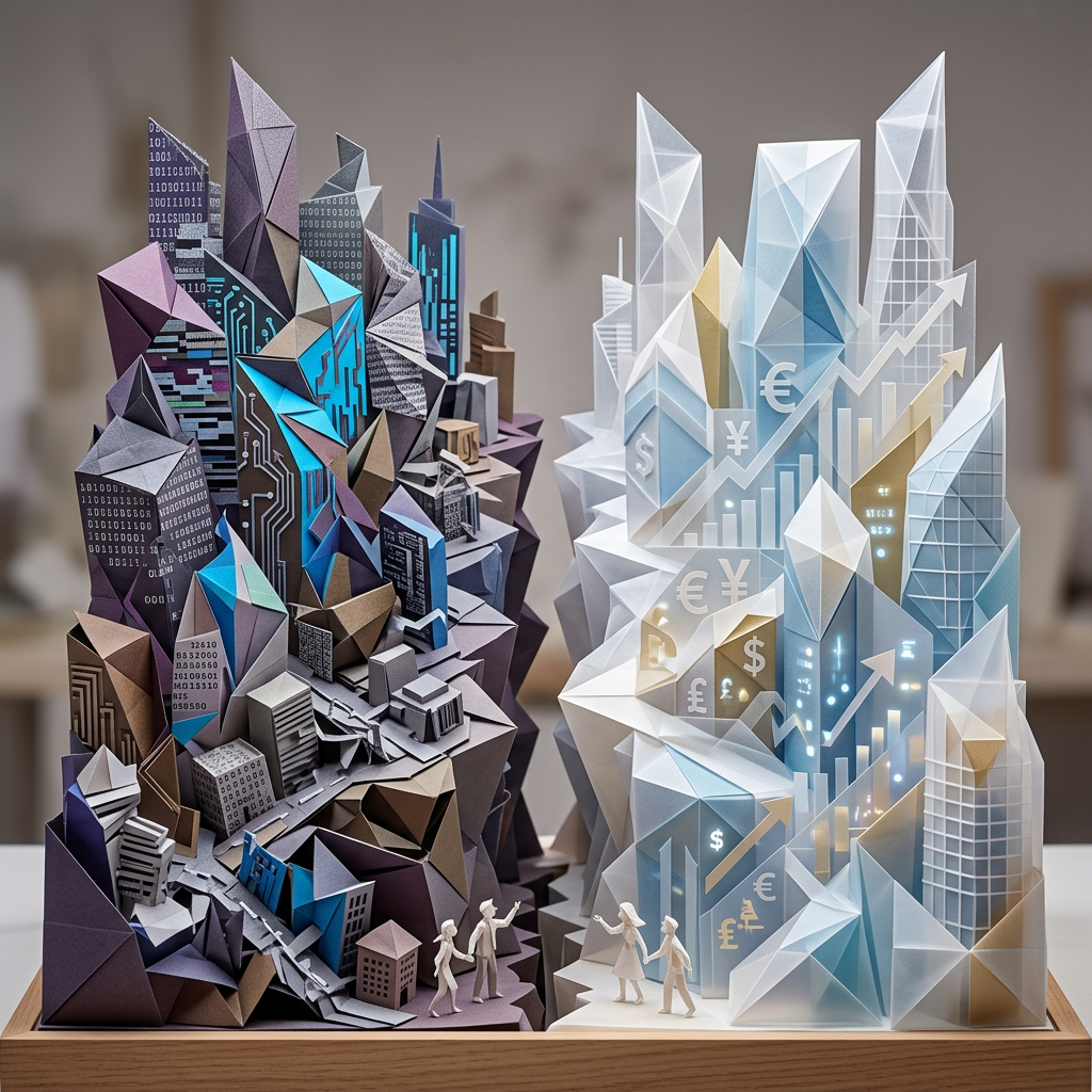Papercraft cities contrasting technology industry and financial growth