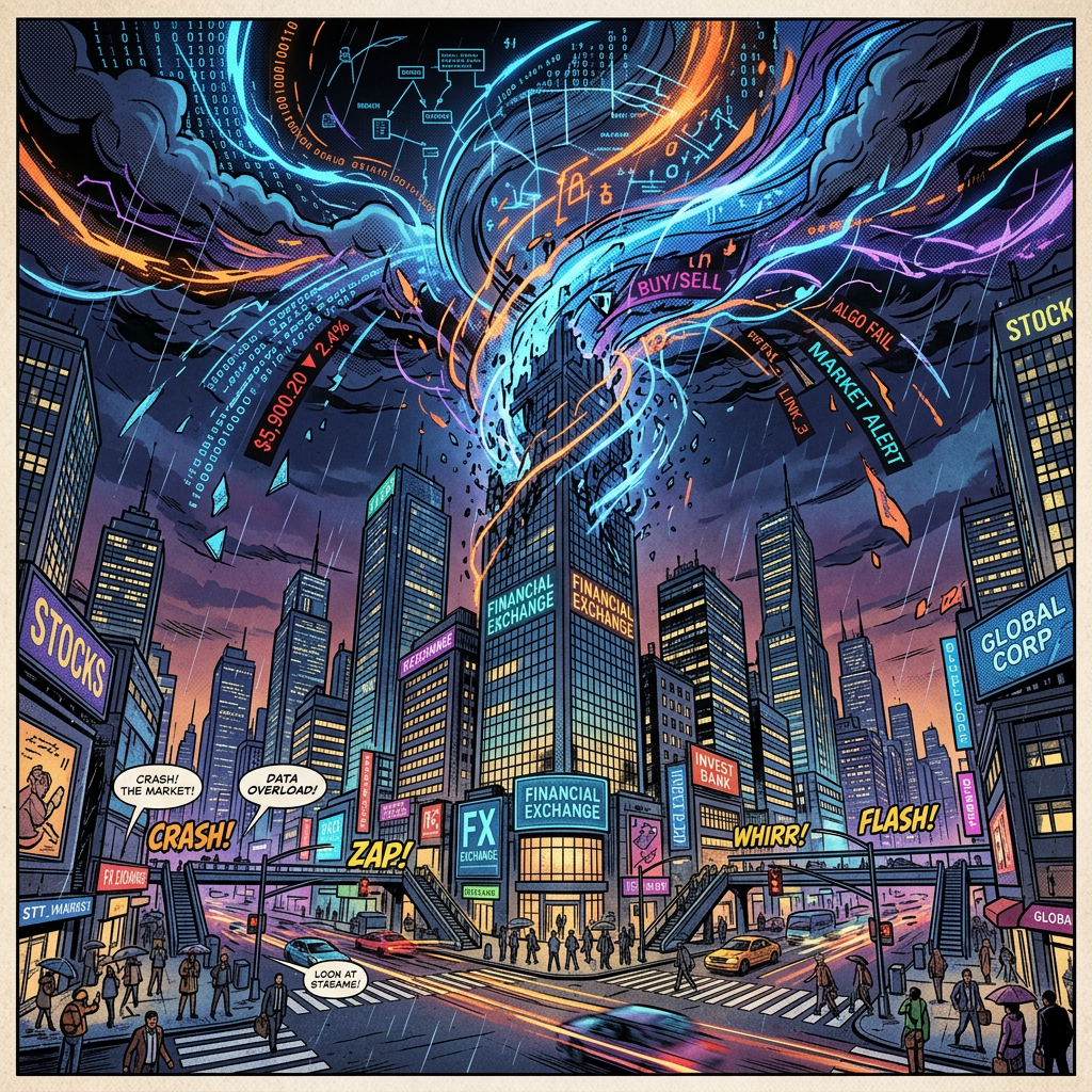 Comic-style financial district beneath a storm of market data and warning signs