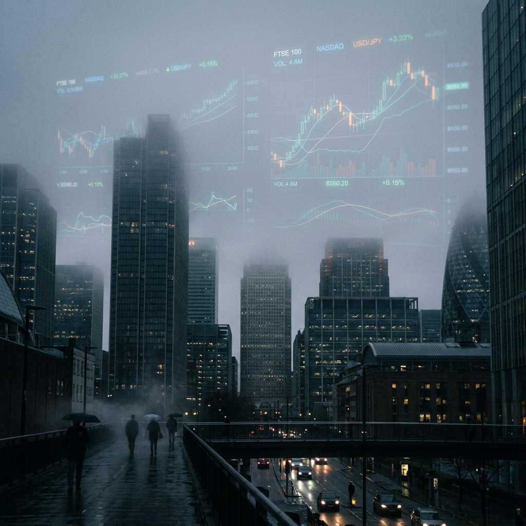 Rainy city financial district with projected stock market charts