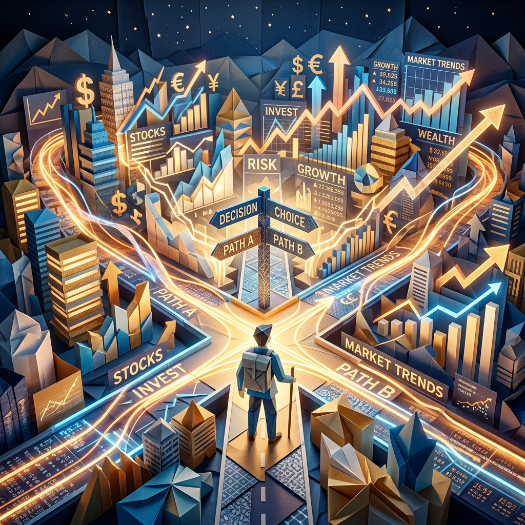 Person choosing between Path A and Path B amid stocks, risk, growth, and market trends