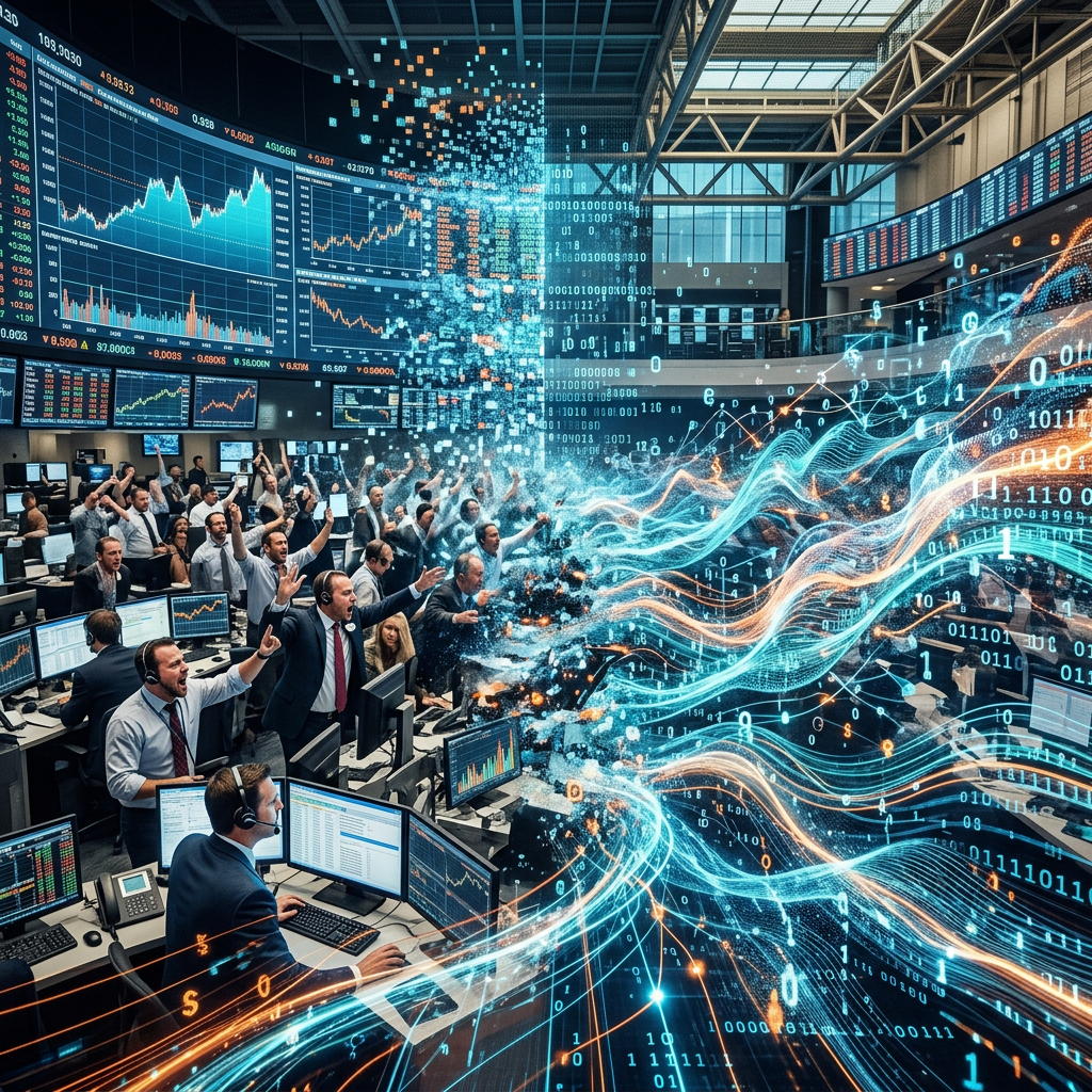 Traders working at a stock exchange beneath market charts and digital data streams