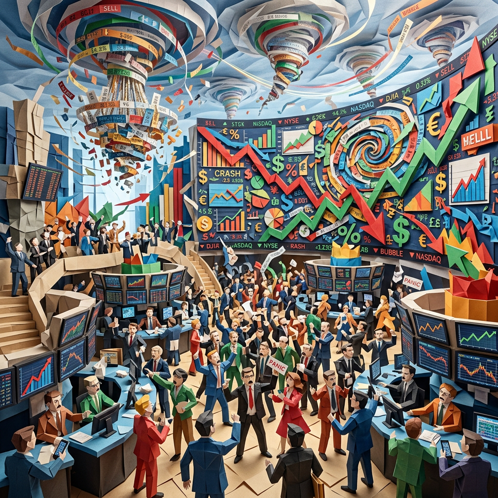 Crowded stock exchange with falling charts, rising arrows, currencies, and panic