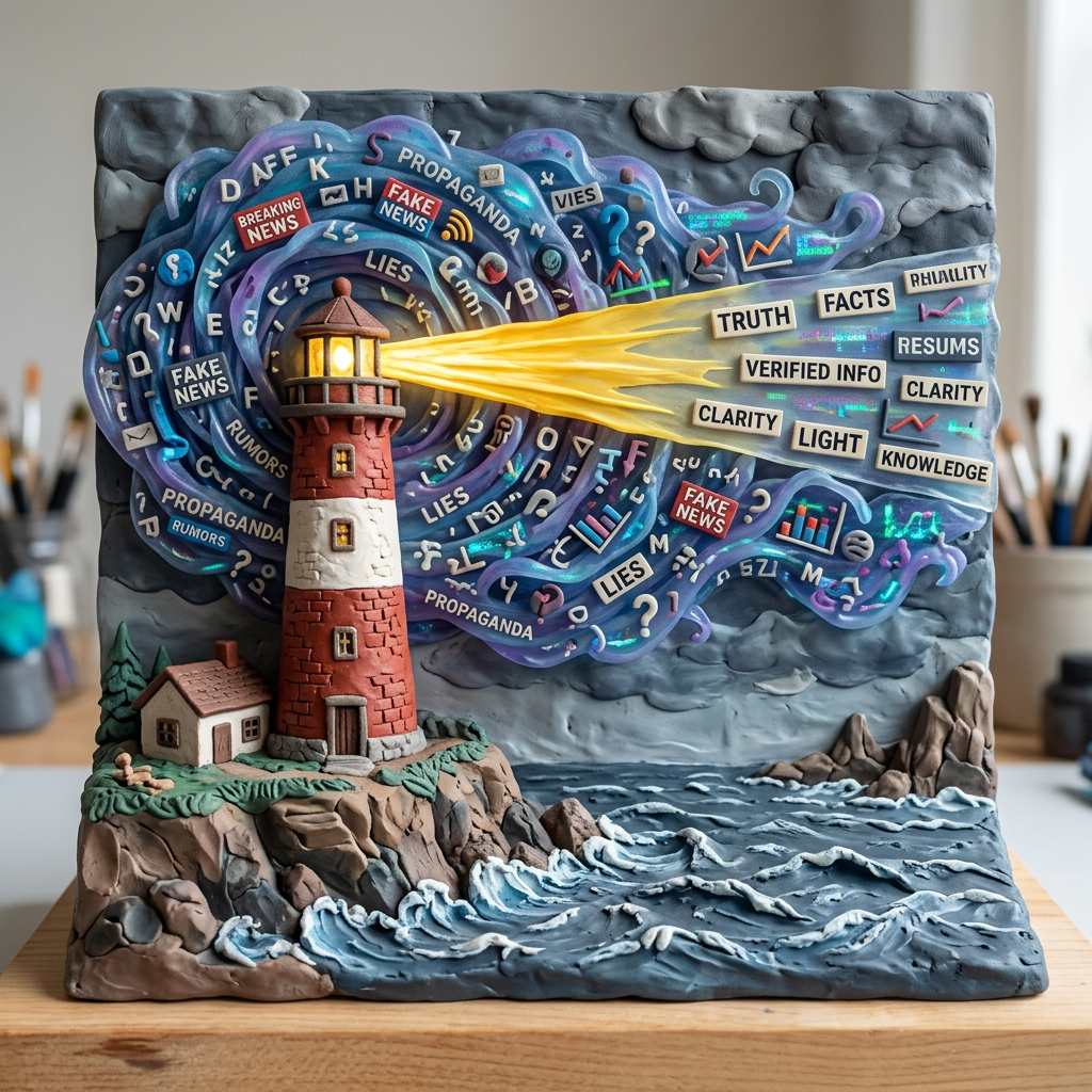 Sculpted lighthouse with text including BREAKING NEWS, FAKE NEWS, PROPAGANDA, RUMORS, LIES, TRUTH, FACTS, VERIFIED INFO, CLARITY, LIGHT, KNOWLEDGE, and REALITY
