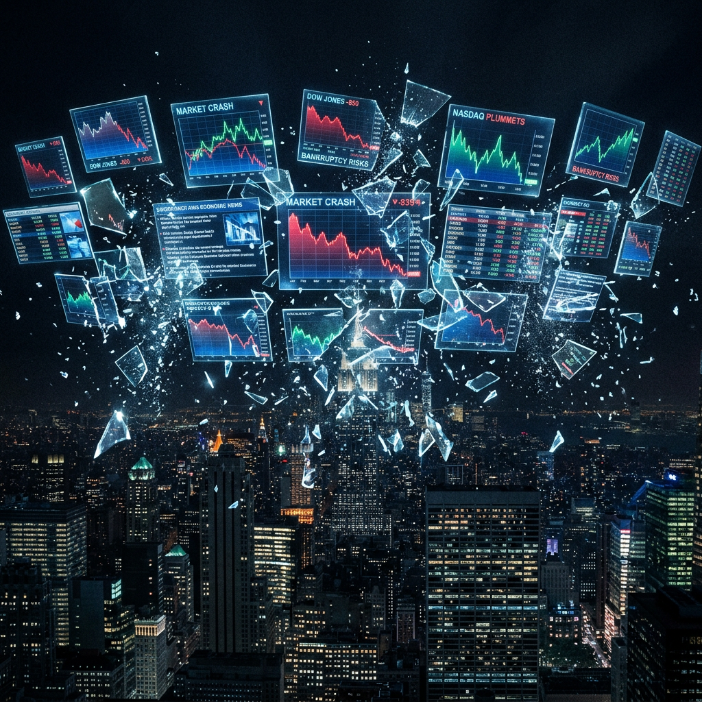 Market crash charts and financial data floating above a nighttime city skyline