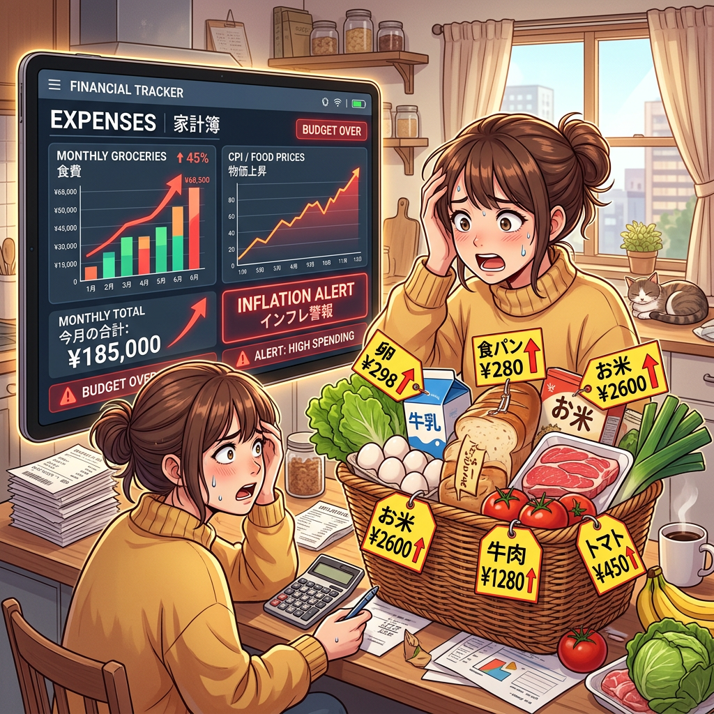 Two women review groceries beside a tracker showing EXPENSES, BUDGET OVER, INFLATION ALERT, and ¥185,000 total.