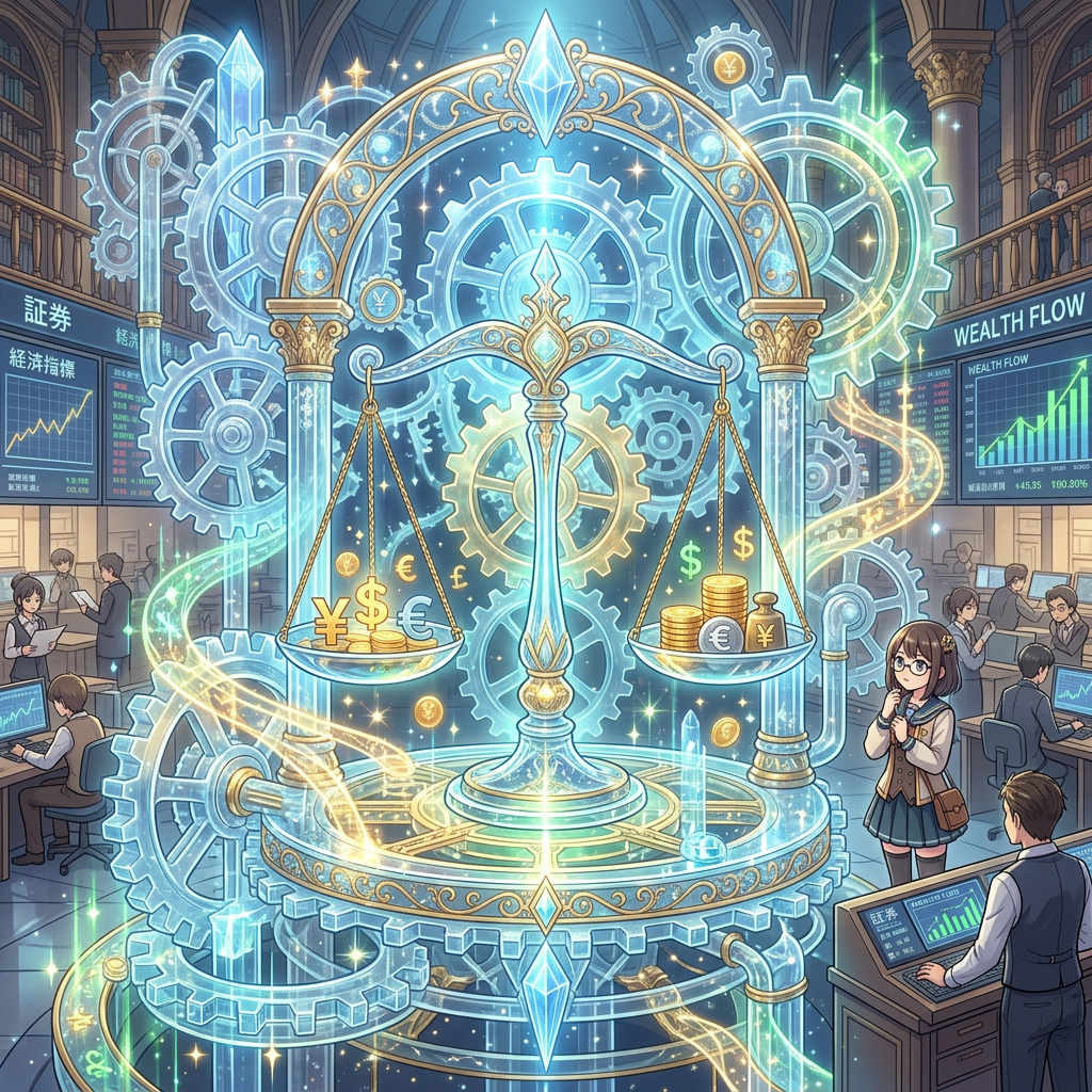 Fantasy financial market with glowing gears, currency scales, and growth charts