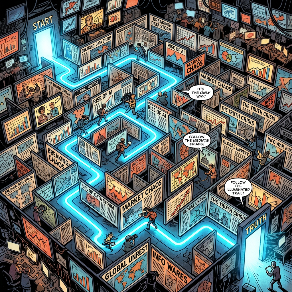 Illustrated maze of news screens labeled AI, market chaos, global unrest, and truth