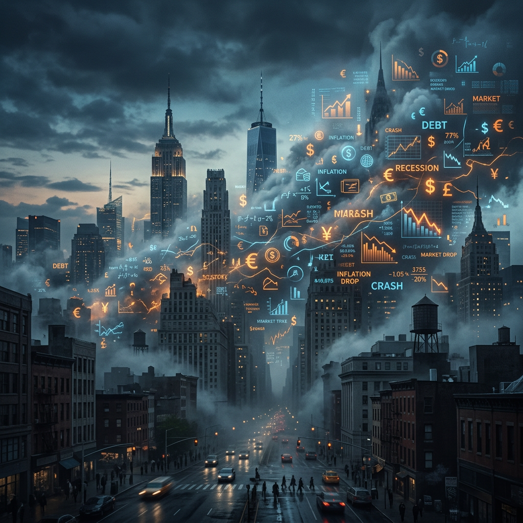 Stormy city skyline overlaid with financial charts and recession warnings
