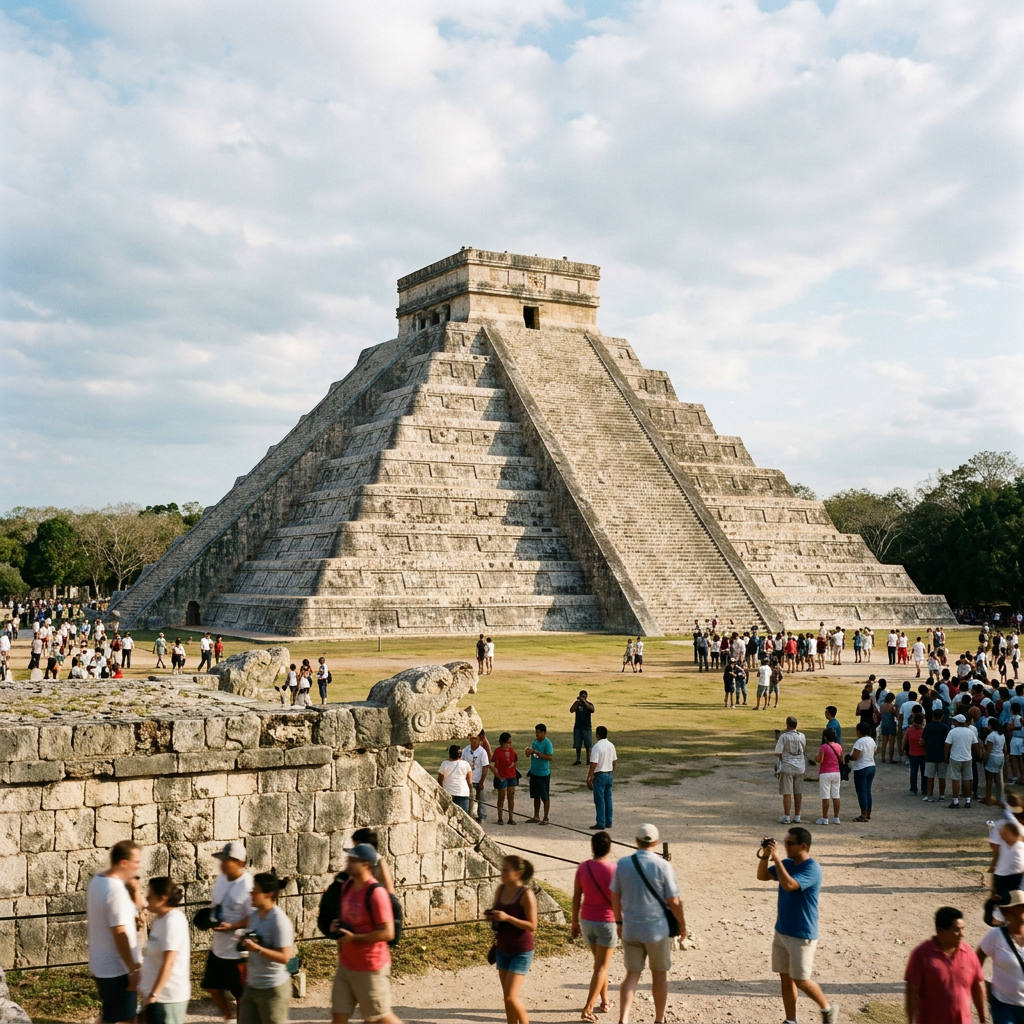 Crowds visiting the stepped El Castillo pyramid at Chichén Itzá