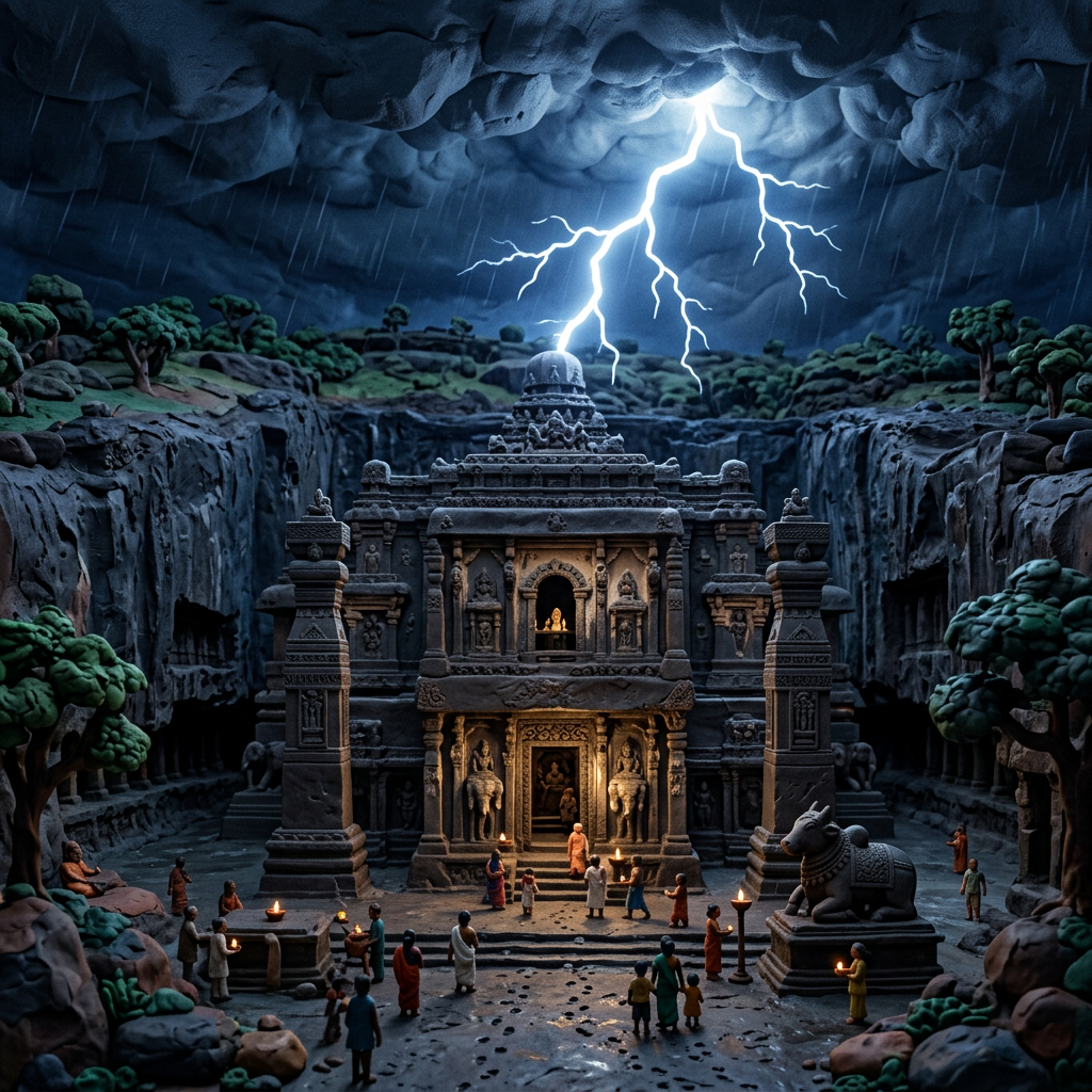 Worshippers gather at a candlelit temple beneath lightning