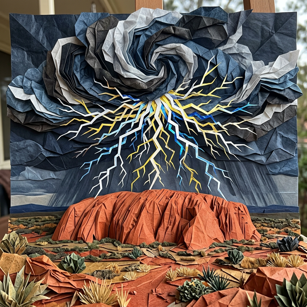 Paper-crafted volcano beneath a dark storm with branching lightning