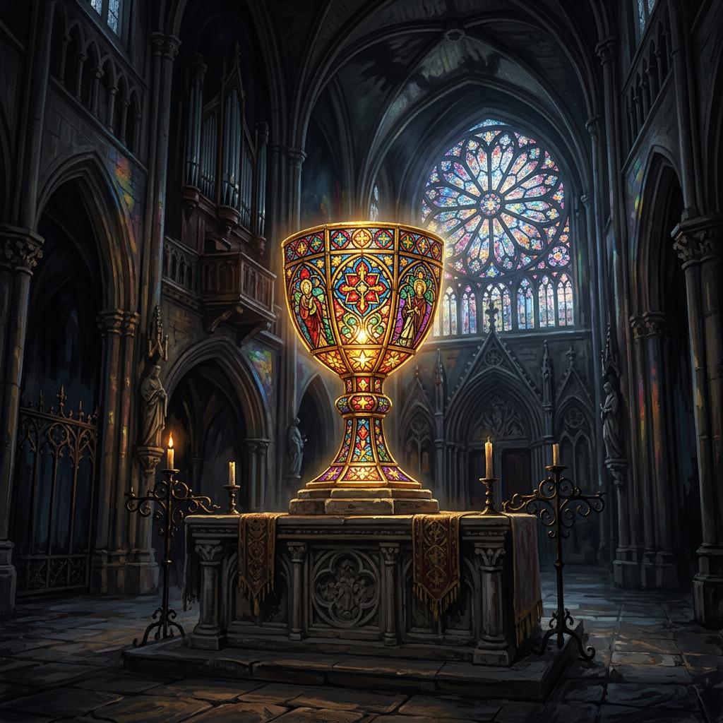 Ornate stained-glass chalice displayed on an altar inside a Gothic cathedral