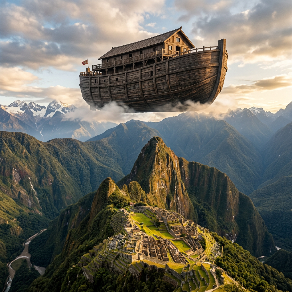 Wooden airship floating above Machu Picchu and surrounding Andes mountains