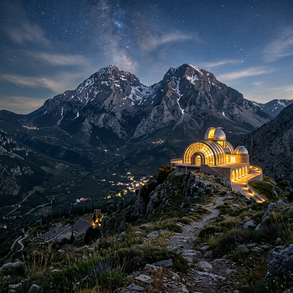 Illuminated domed observatory overlooking a snowy mountain valley at night
