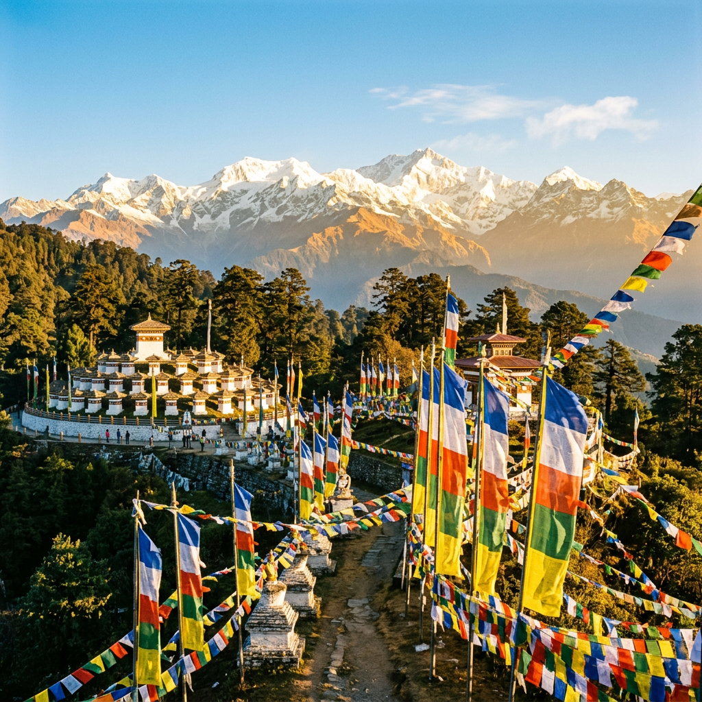 Colorful prayer flags surrounding a Buddhist monastery beneath Himalayan mountains