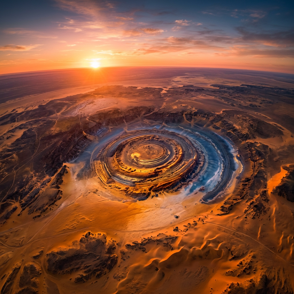 Aerial view of concentric geological rings glowing at sunset