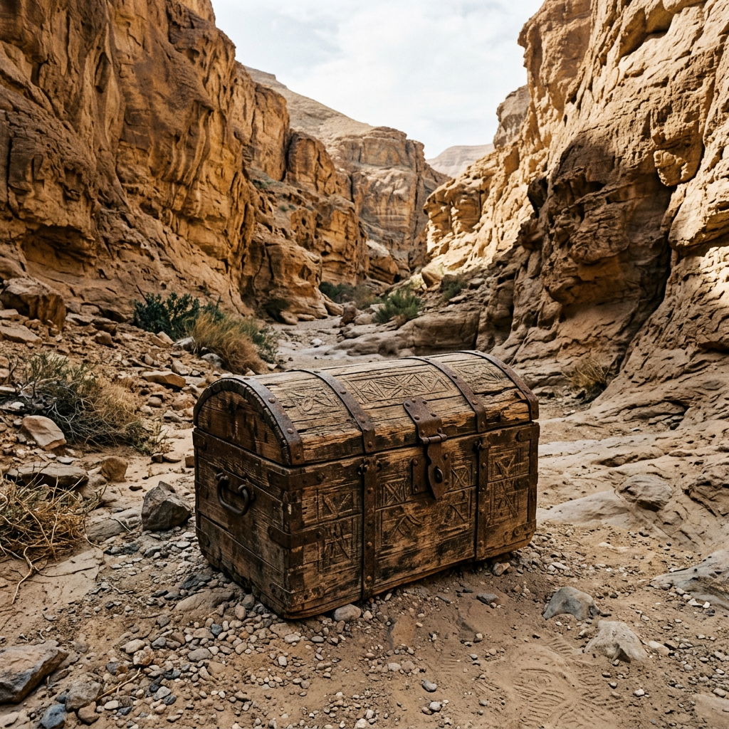 Ornate wooden treasure chest resting in a rocky desert canyon