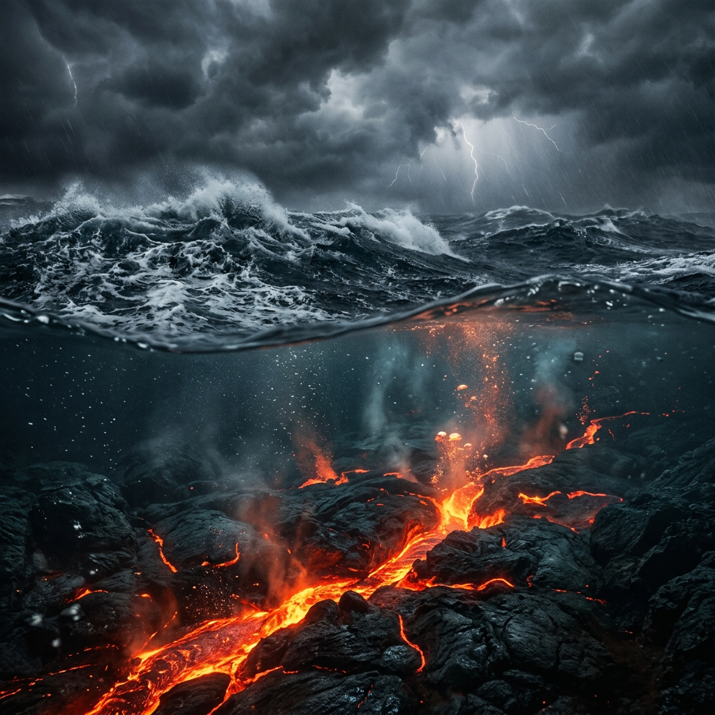 Stormy ocean above glowing underwater lava beneath the waves