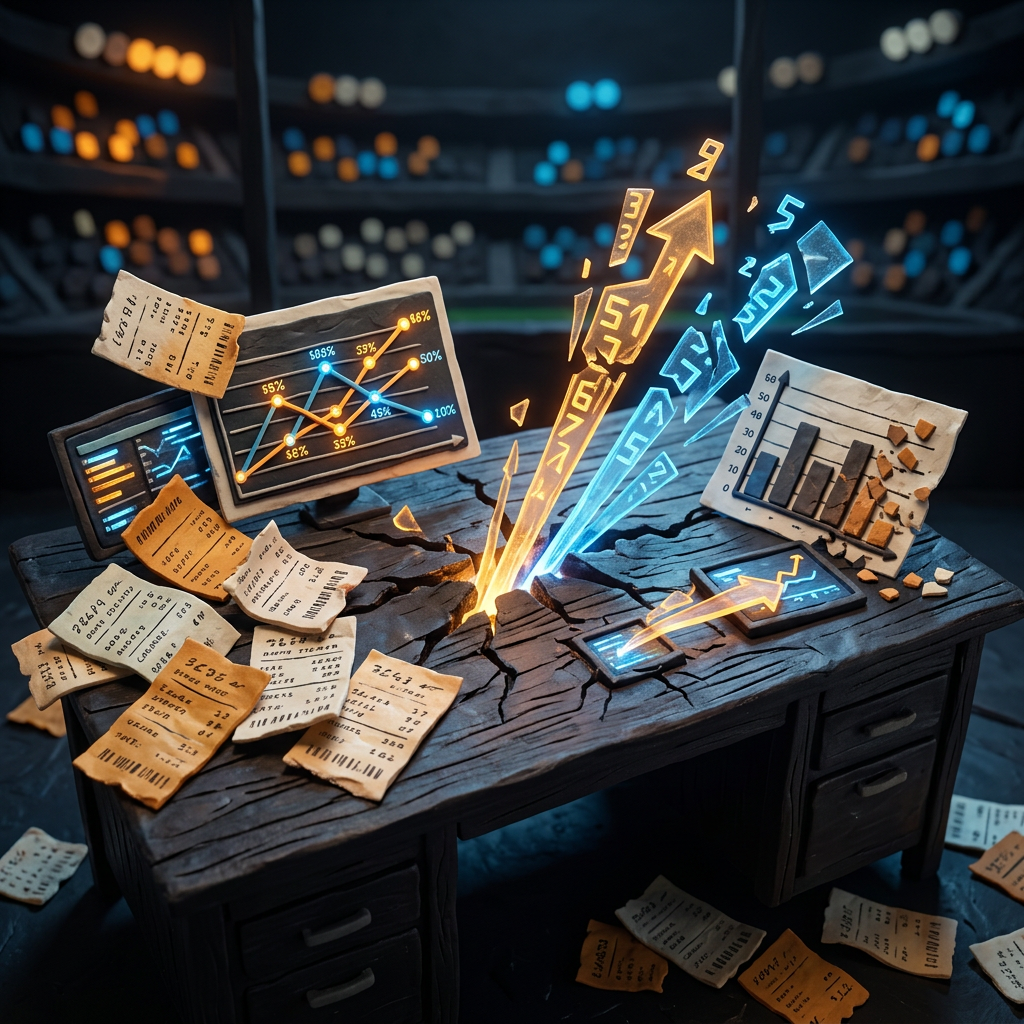 Financial charts and receipts on a cracked desk with glowing trend arrows