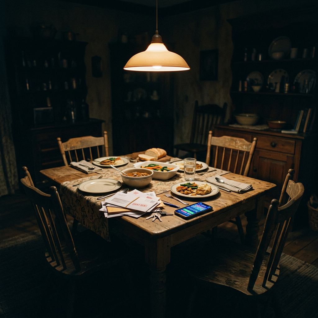 Set dining table with homemade food, letters, keys, and smartphone
