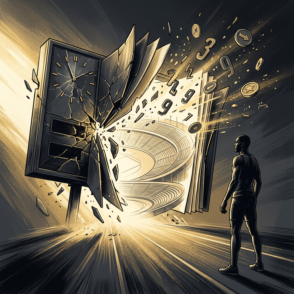 Silhouetted athlete facing a shattered clock and glowing stadium
