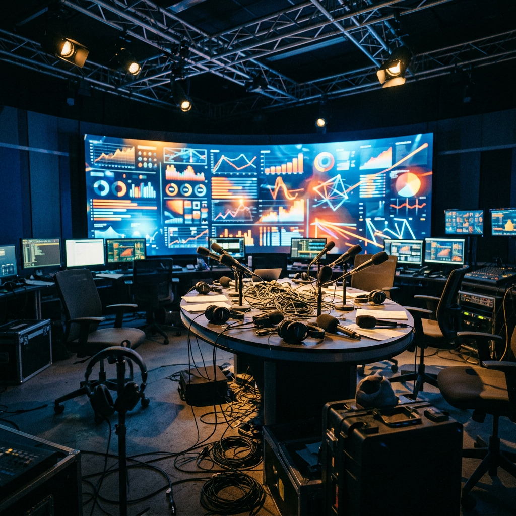 Broadcast control room with microphones, headsets, computers, and data displays