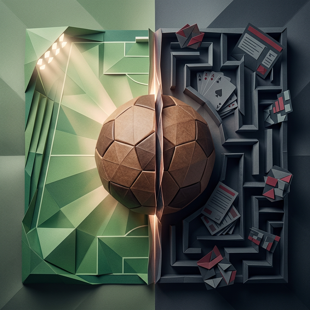 Split football between a green soccer field and dark poker maze