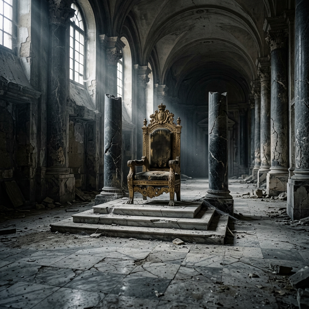Ornate golden throne in a ruined cathedral with cracked columns