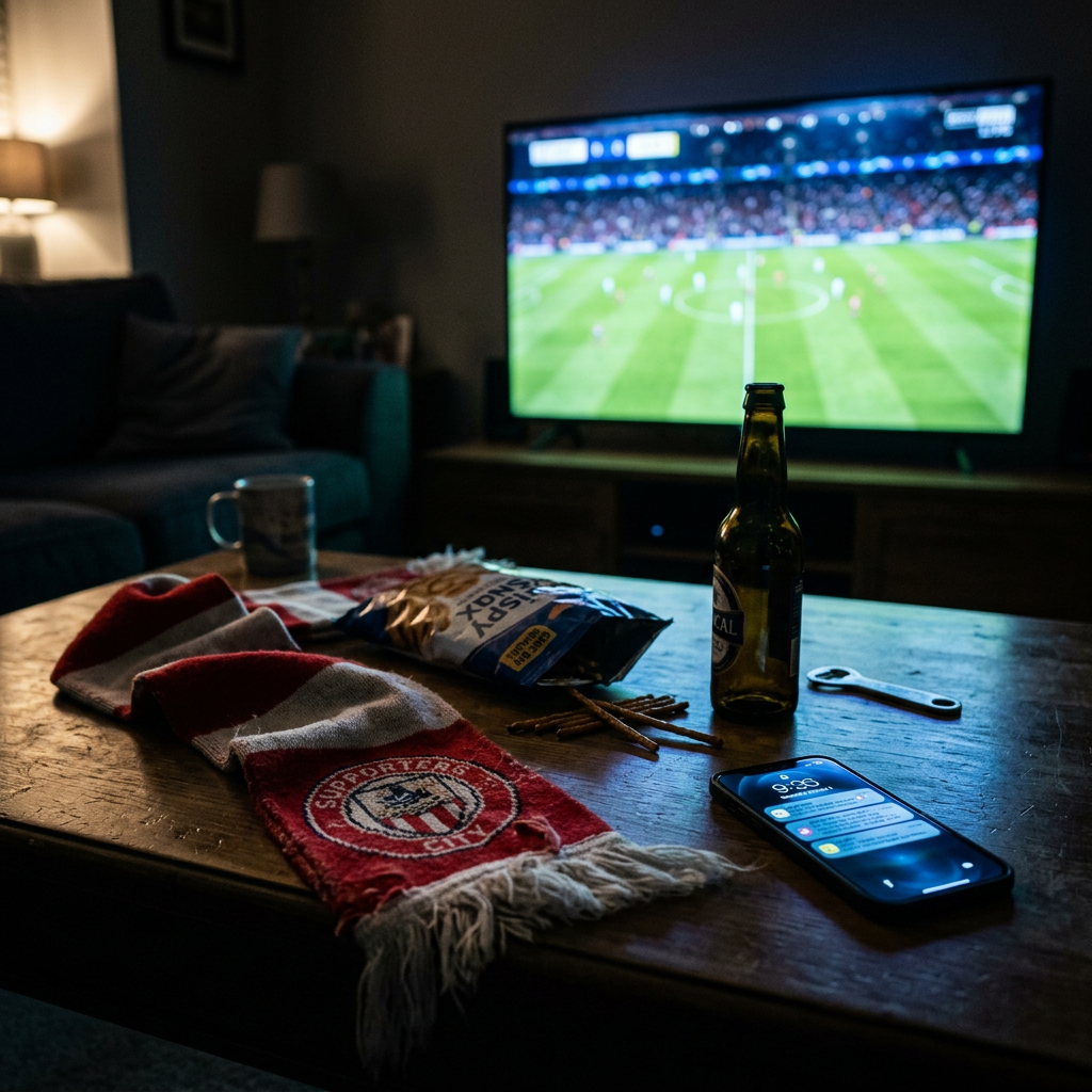 Soccer match on television with team scarf, beer, snacks, and phone