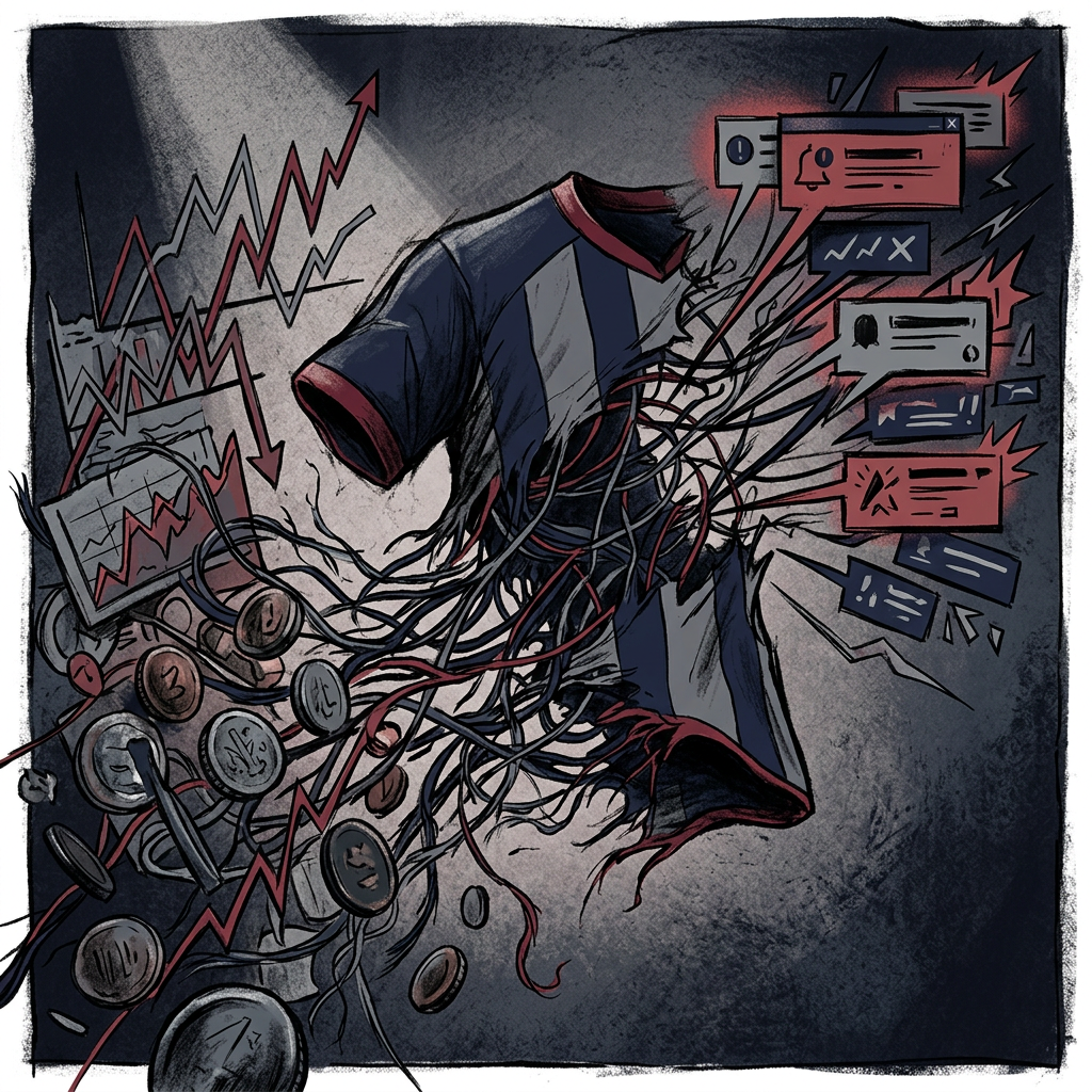 Headless business figure tangled in wires, falling charts, coins, and warning alerts