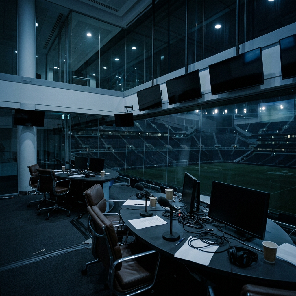 Empty broadcast booth with microphones overlooking a stadium