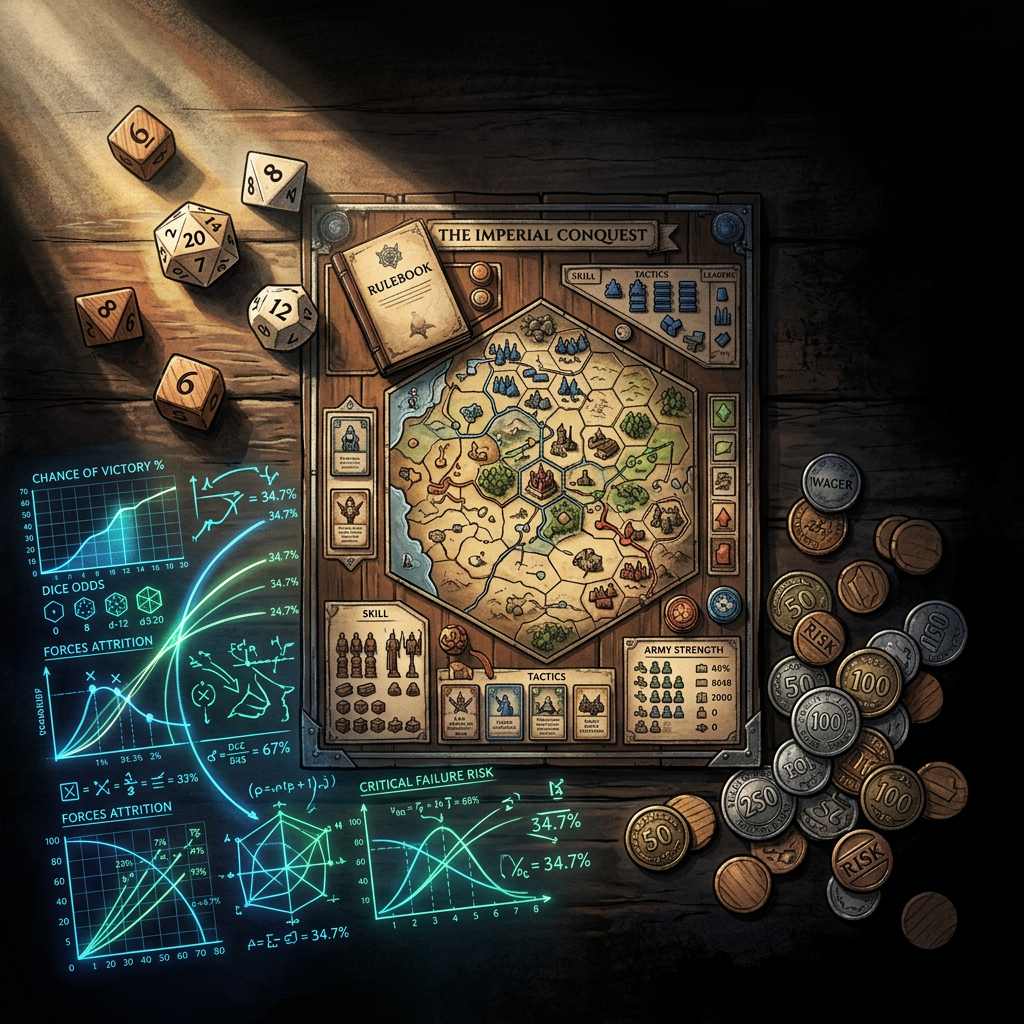 Fantasy conquest board game with dice, coins, and probability charts