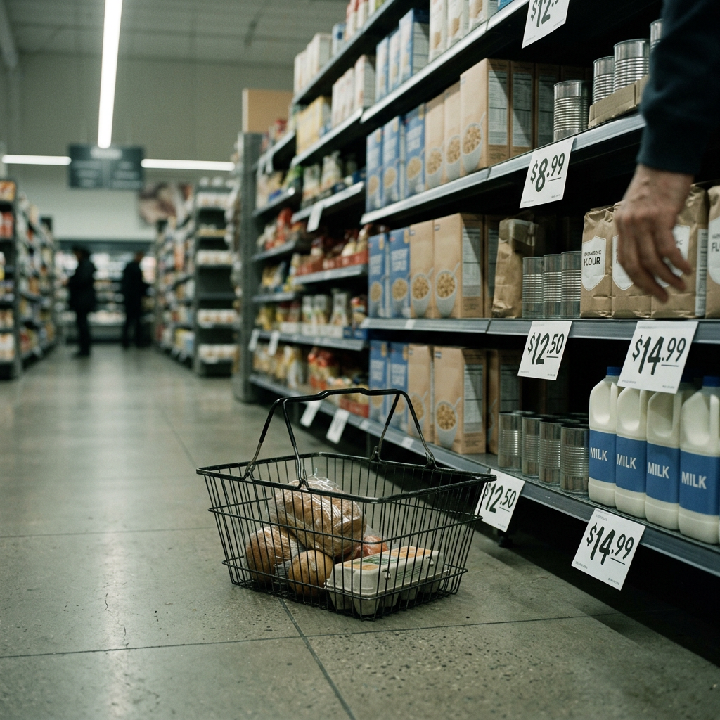 Shopping basket beside grocery shelves with food products and price signs