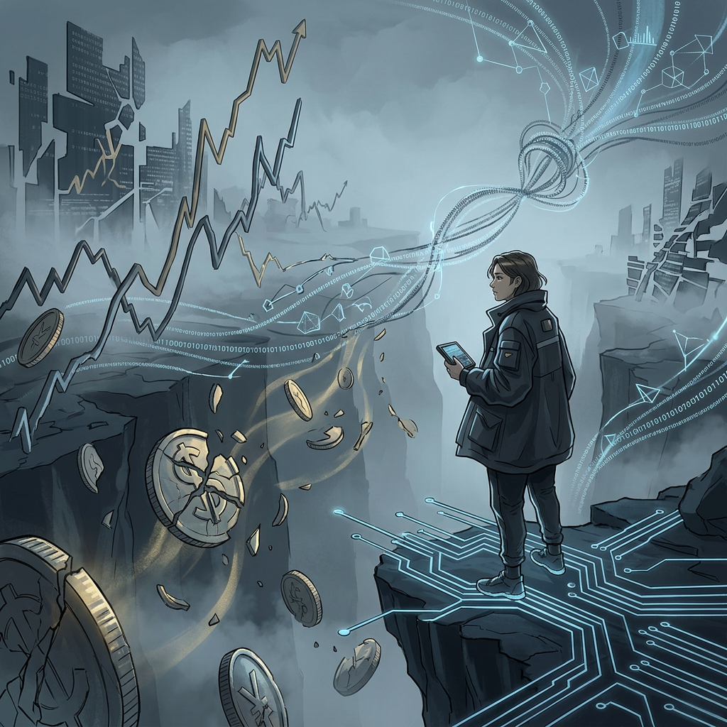 Person holding tablet above fractured landscape with financial charts and digital networks