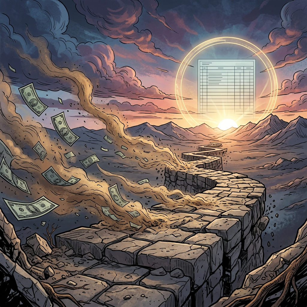 Stone path toward glowing spreadsheet with flying money and mountains