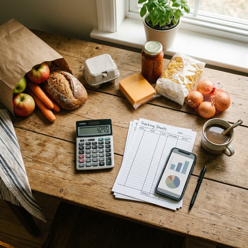Groceries beside tracking sheets, calculator, smartphone charts, and coffee