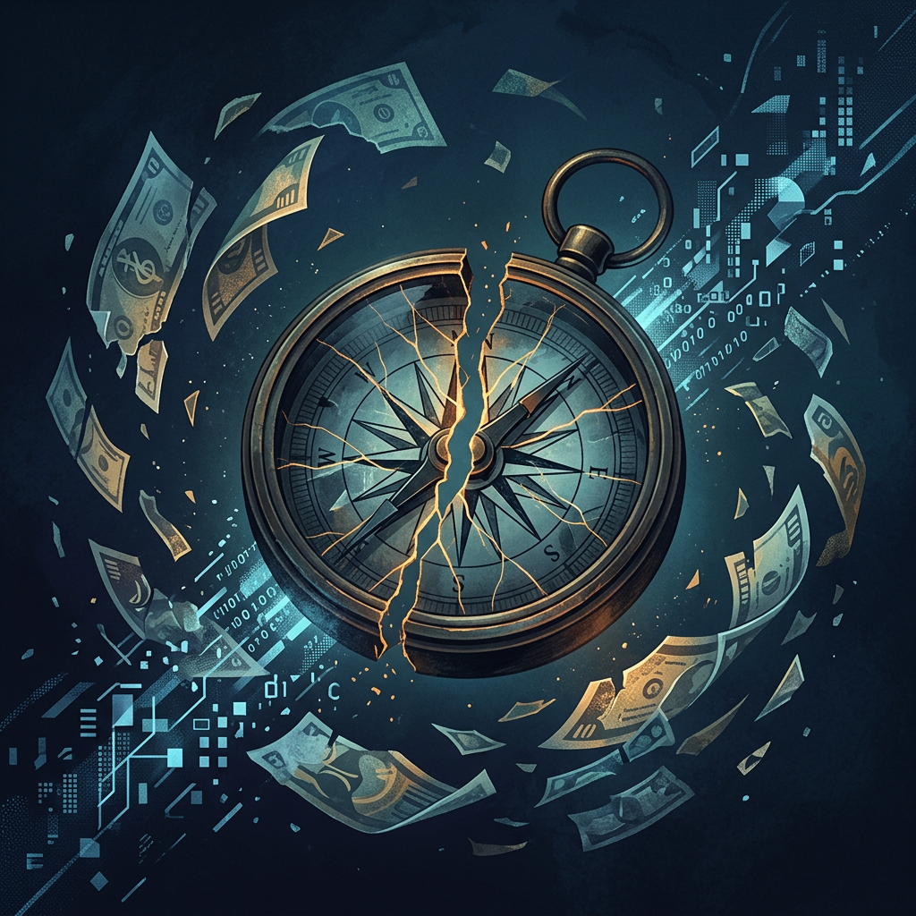 Cracked compass surrounded by banknotes and digital code